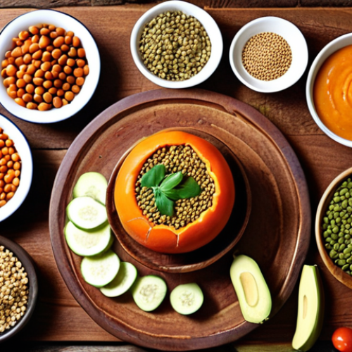 **A vibrant spread of Temple Food featuring fresh vegetables, fruits, lentils, and grains, arranged artfully on a wooden table.** (Focus: Showcasing the healthy ingredients and natural presentation)