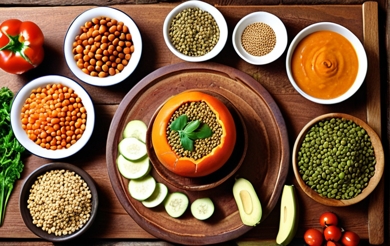 **A vibrant spread of Temple Food featuring fresh vegetables, fruits, lentils, and grains, arranged artfully on a wooden table.** (Focus: Showcasing the healthy ingredients and natural presentation)