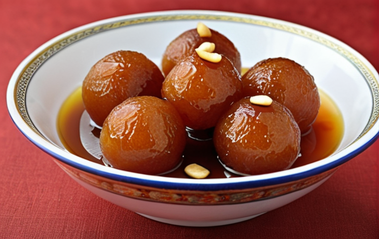 Gulab Jamun: Close-up of golden brown, syrup-soaked Gulab Jamun balls, garnished with chopped nuts, arranged in a traditional serving bowl.