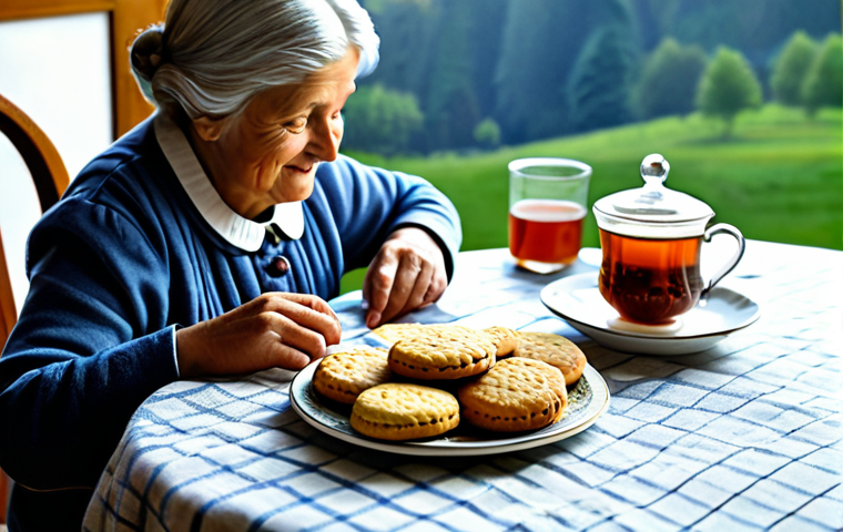 **

"A cozy scene depicting homemade biscuits and tea on a table. Focus on the warmth and comfort of the setting.  A family-friendly atmosphere, safe for work, fully clothed figures (if present, depicting a grandmother and child). Emphasize the deliciousness of the biscuits and the inviting nature of the tea.  High-quality, professional photography, perfect anatomy (if figures present), modest clothing, appropriate content."

**