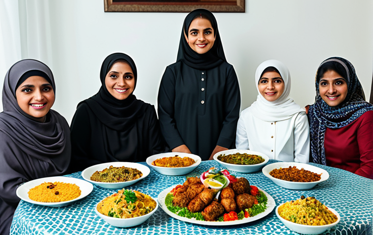 Modern Eid Feast**

"A family-friendly Eid feast showcasing a blend of traditional and healthy dishes: biryani, kebabs alongside fresh salads and fruit platters.  Displayed on a beautifully decorated table in a modest home setting. Everyone is fully clothed in appropriate Eid attire. Safe for work, appropriate content, perfect anatomy, natural proportions, professional photography, high quality."

**